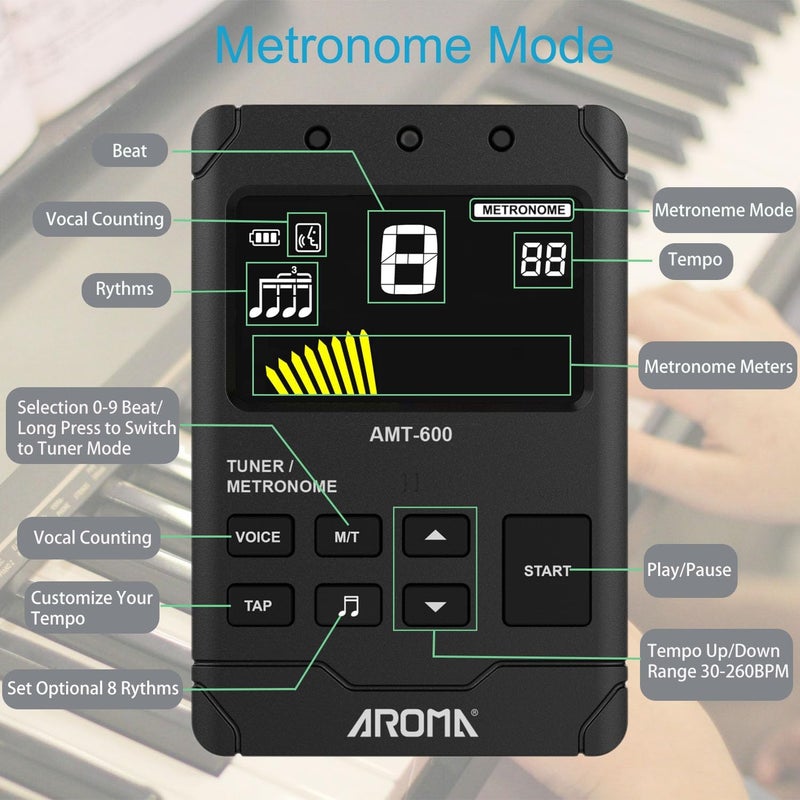 Moreup Digital Metronome Tuner Tone Generator, 3 in 1 Rechargeable Voice Counting Tap Musical Instruments Tool w/Clip-on Microphone - Image 3